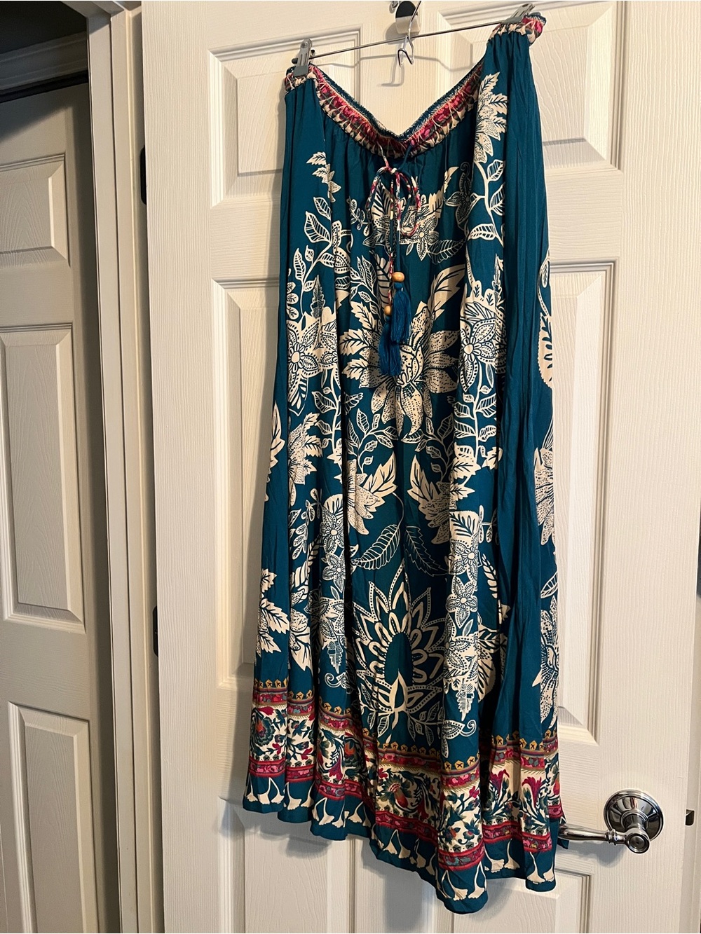 NWT Teal Floral Maxi Dress with Boho Trim